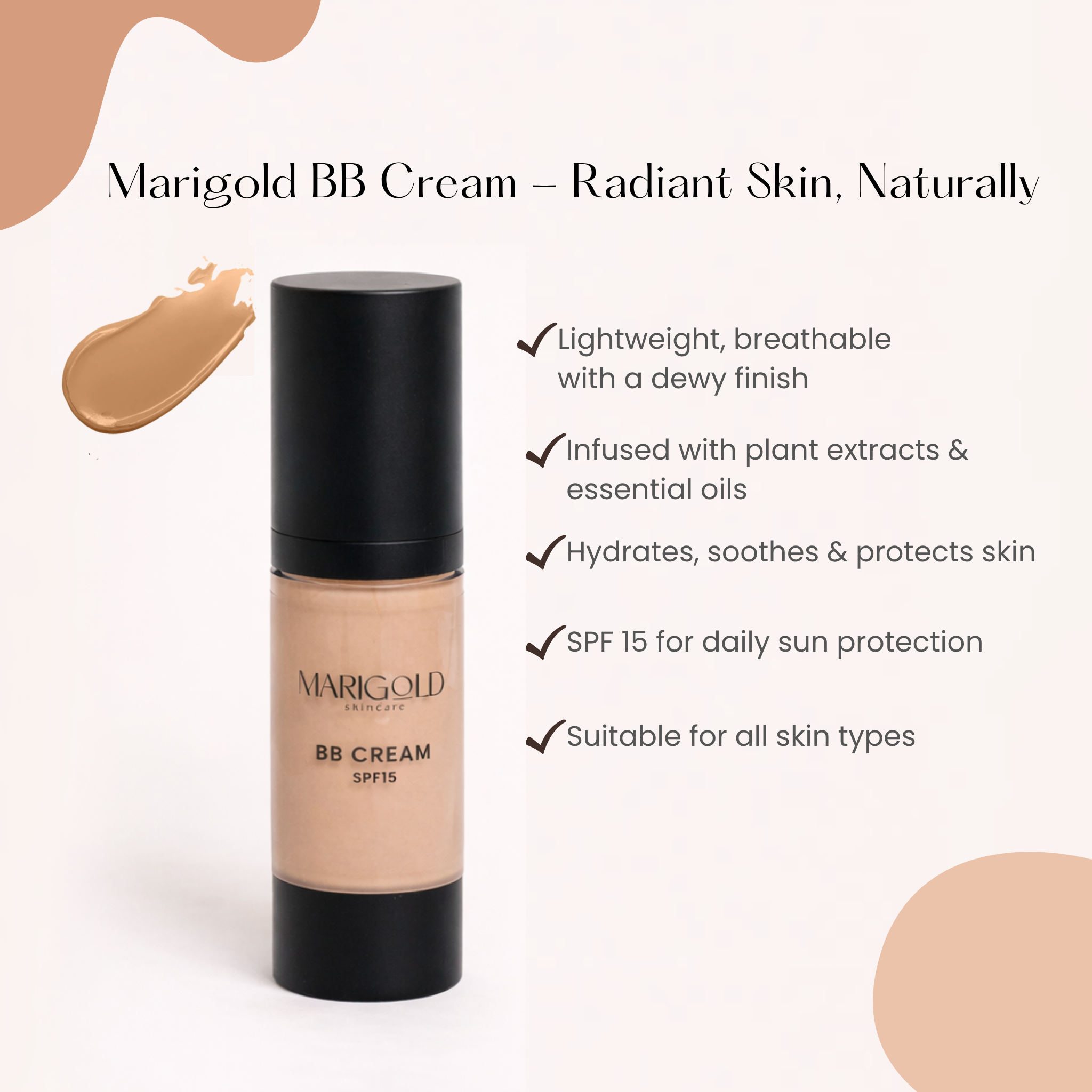Marigold Rose Beige BB Cream tube showing hydrating medium-coverage formula for smooth, radiant skin