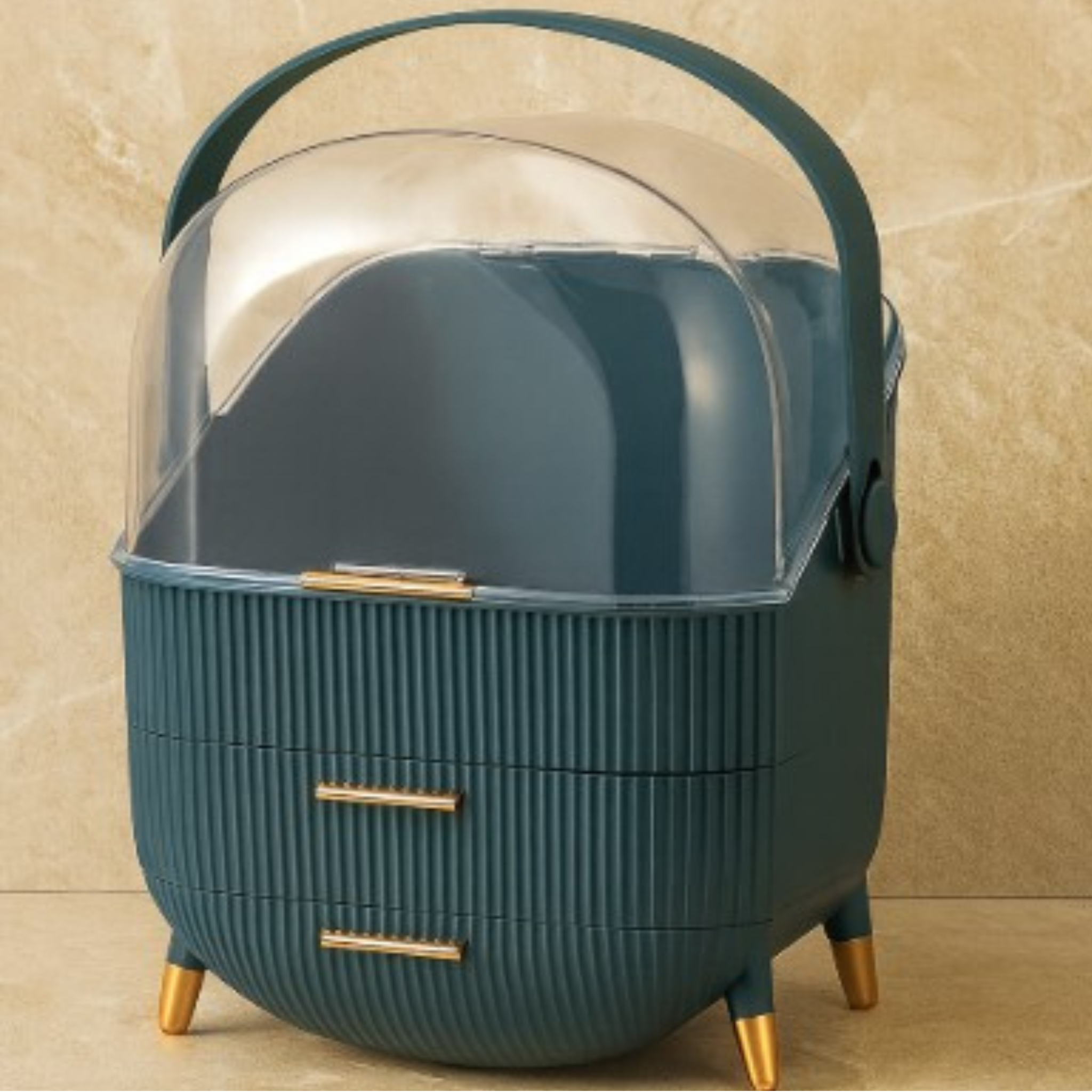 Marigold Radiance skincare organiser box with dust-proof cover in teal — vanity storage for wipes, pads, and accessories