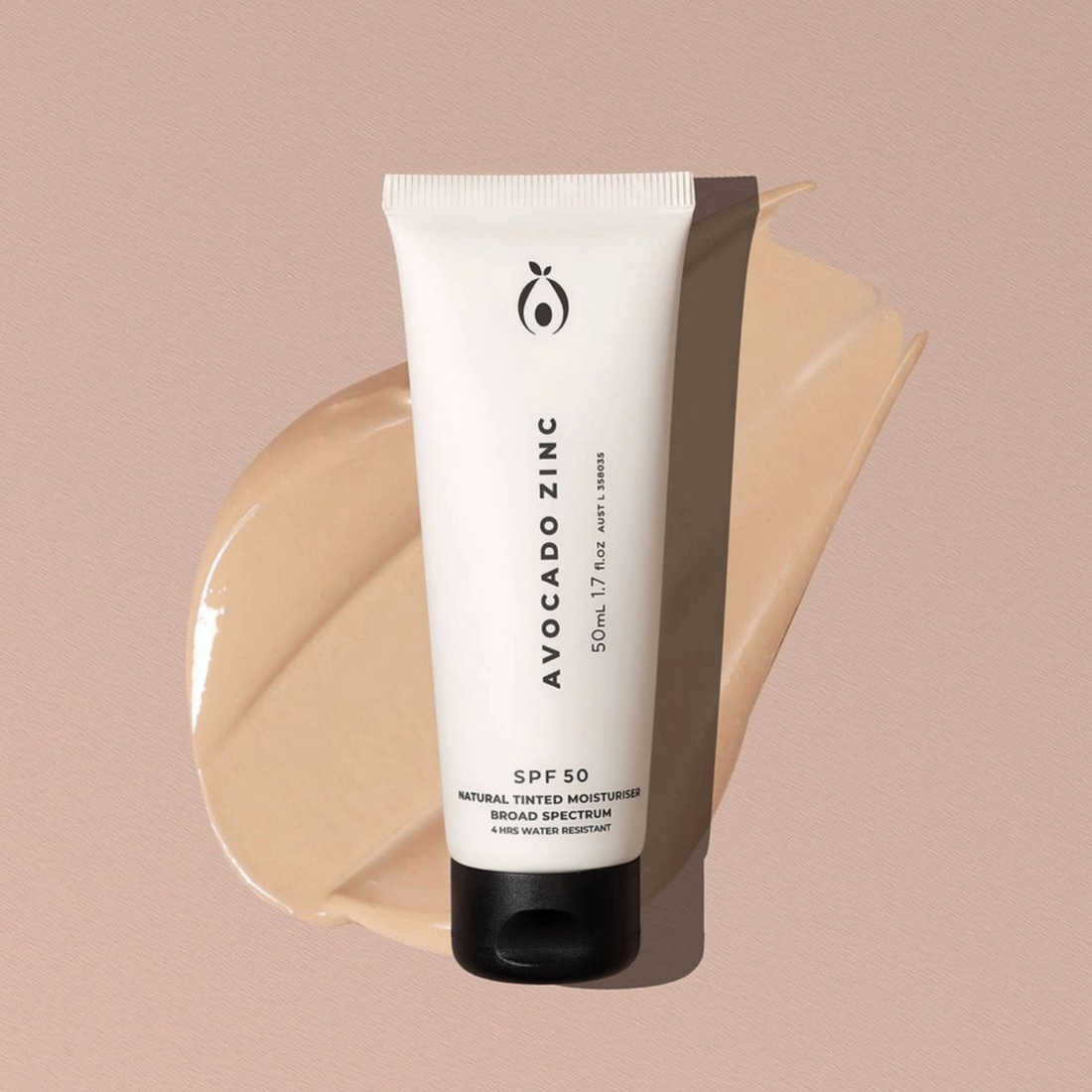 Avocado zinc tinted moisturiser SPF 50 light shade by Marigold Skin, natural mineral sunscreen for sensitive skin with hydrating and sun protection benefits