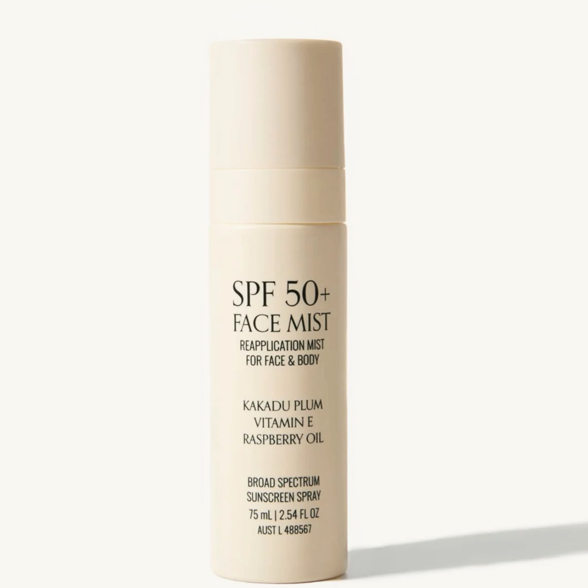 Marigold SPF 50+ face and body sunscreen mist with Kakadu Plum, Vitamin E and Raspberry Oil for easy SPF reapplication