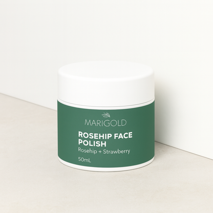 Marigold Skin Rosehip Face Polish – gentle, microplastic-free exfoliant with rosehip, guava, and chamomile for smooth, bright, and refreshed skin