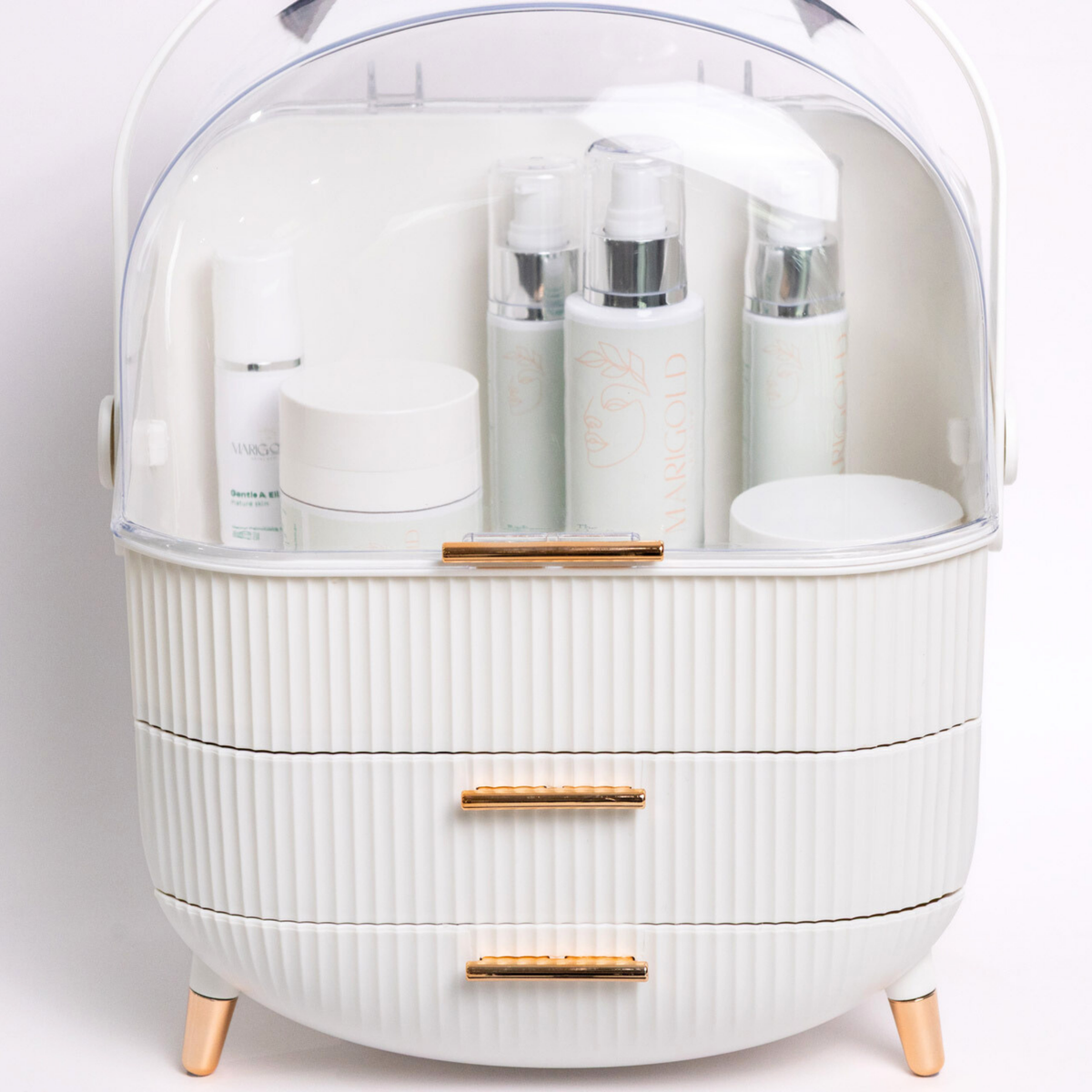 white skincare organiser box with dust cover for storing makeup, wipes, and beauty essentials on vanity